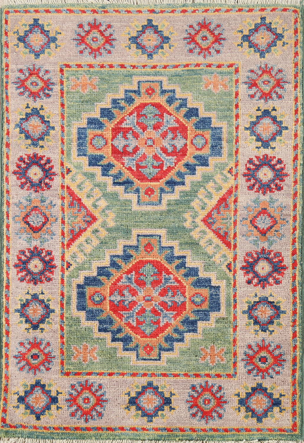 Green Geometric Kazak Handmade Accent Rug 2x3