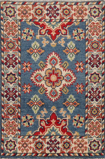 Blue Geometric Kazak Oriental Wool Rug 2x3