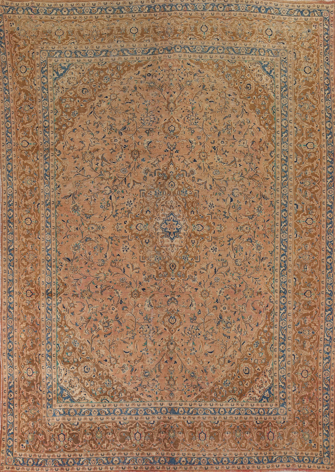 Distressed Wool Floral Mashad Persian Area Rug 9x12