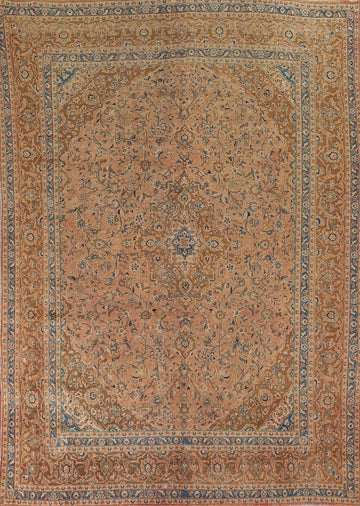 Distressed Wool Floral Mashad Persian Area Rug 9x12