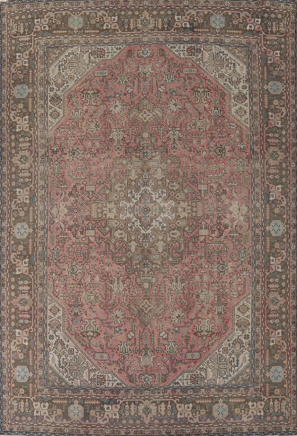 Distressed Pink Geometric Tabriz Persian Area Rug 9x13