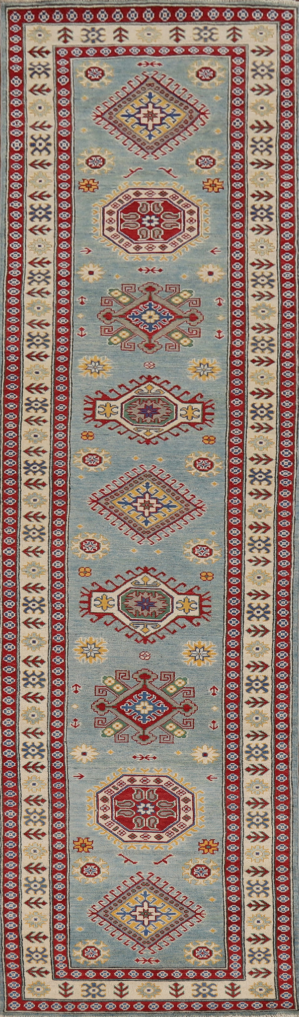 Light Blue Kazak Oriental Runner Rug 3x14