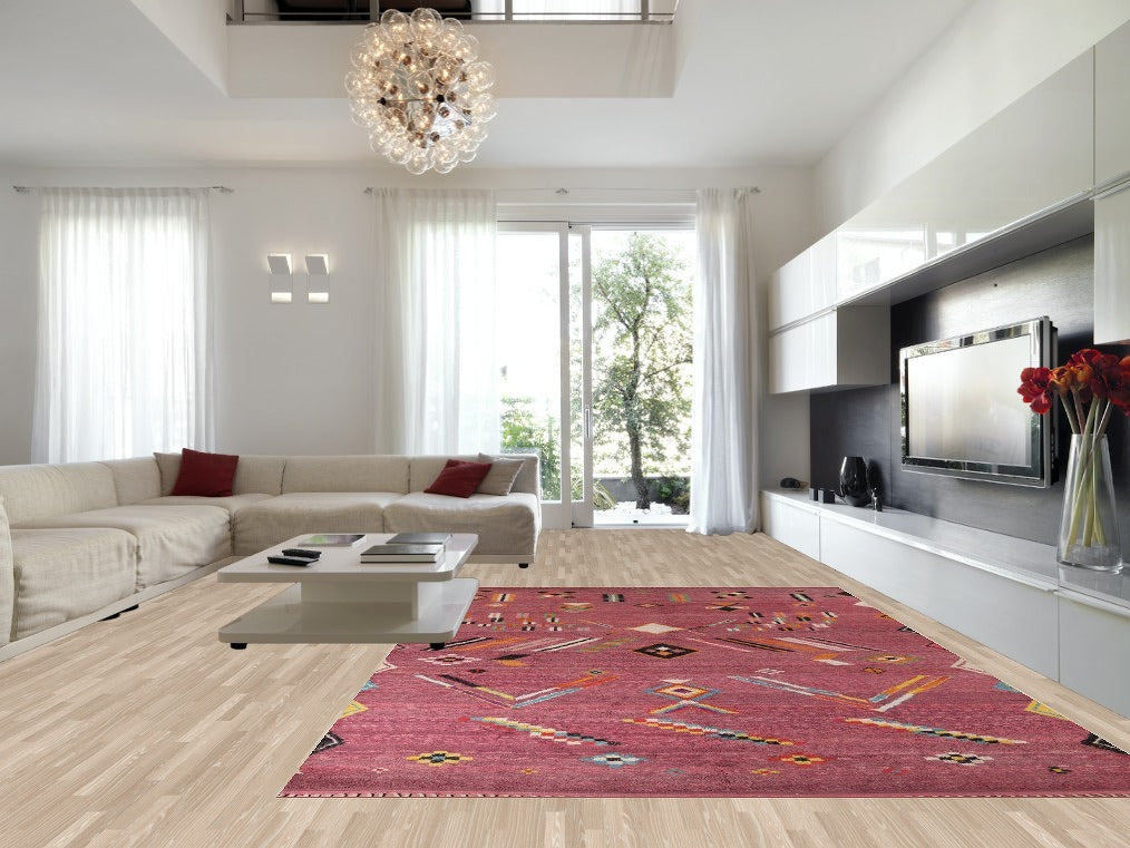 Pink Geometric Moroccan Handmade Large Rug 10x15