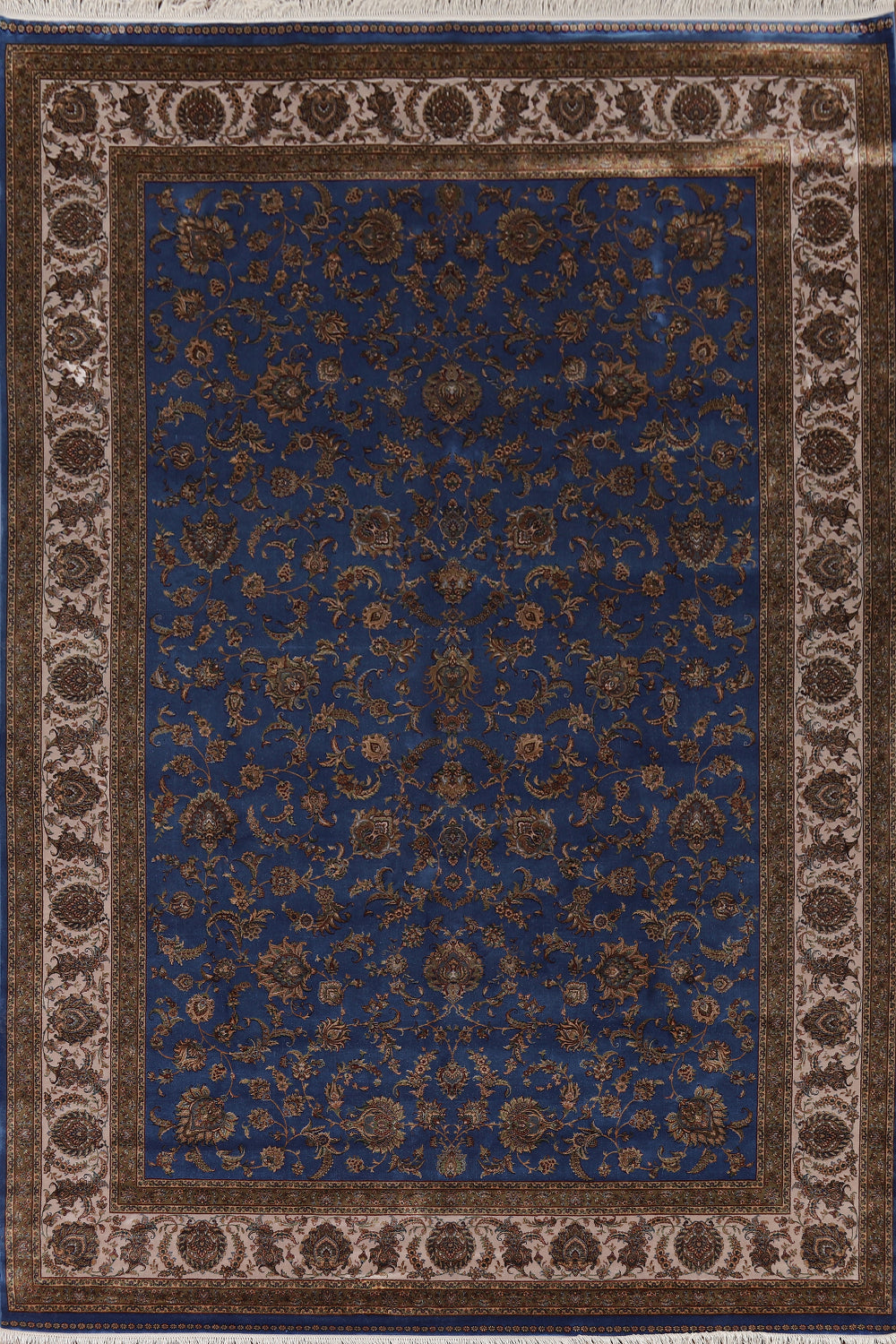 Blue Silk Floral Qum Traditional Area Rug 7x10