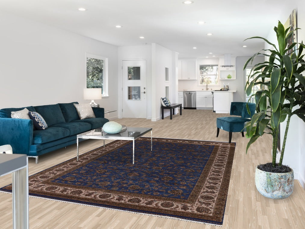 Blue Silk Floral Qum Traditional Area Rug 7x10