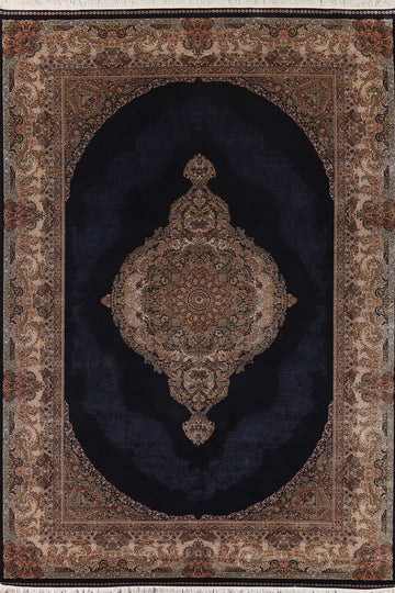 Traditional Blue Silk Qum Turkish Area Rug 7x10