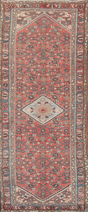 Vintage Geometric Hamedan Persian Runner Rug 4x10