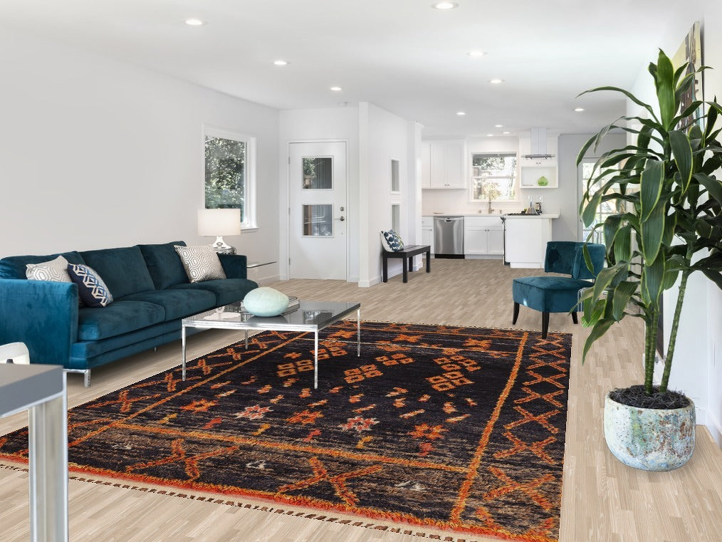 Navy Blue Plush Moroccan Wool Area Rug 7x11