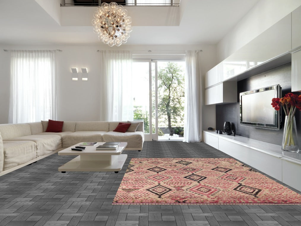 Beige & Pink Moroccan Oriental Area Rug 9x13
