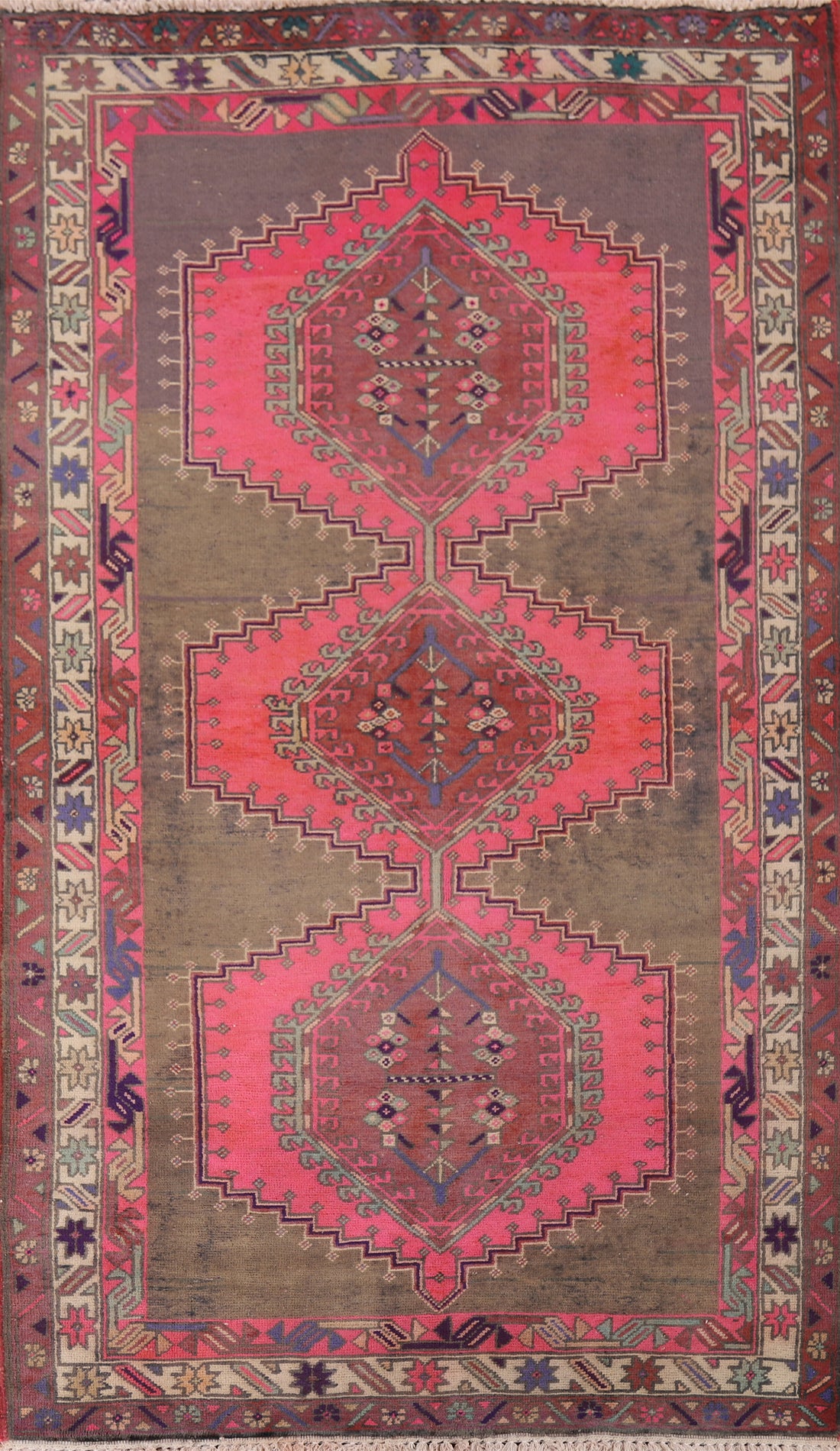 Vintage Pink Geometric Ardebil Persian Rug 4x8