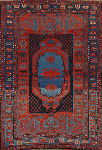 Antique Orange & Blue Kazak Vegetable Dye Area Rug 5x8