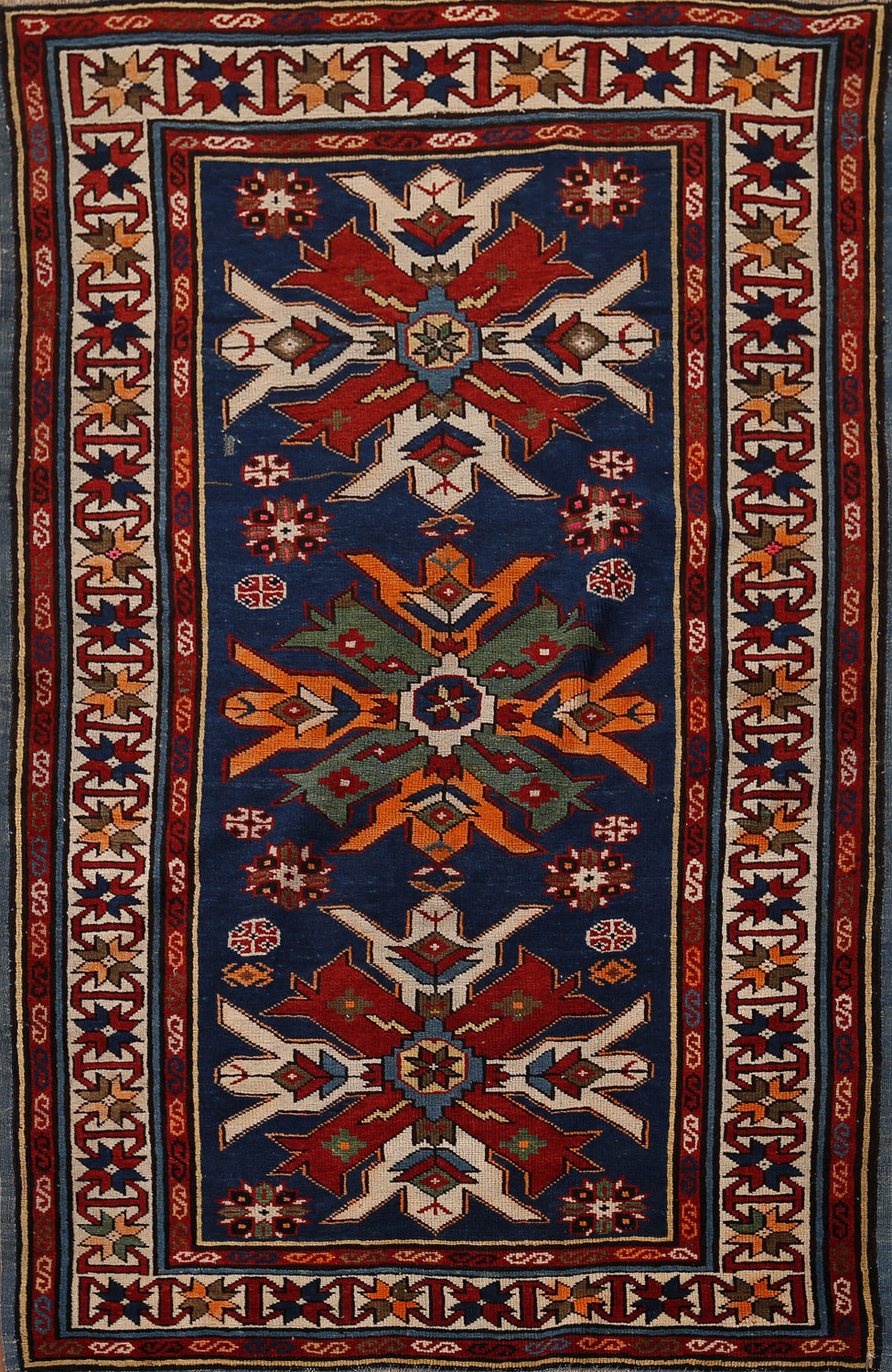 Navy Blue Geometric Kazak Vegetable Dye Rug 3x5