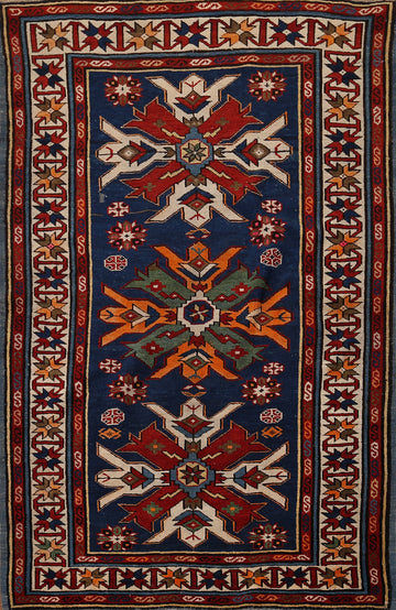 Navy Blue Geometric Kazak Vegetable Dye Rug 3x5