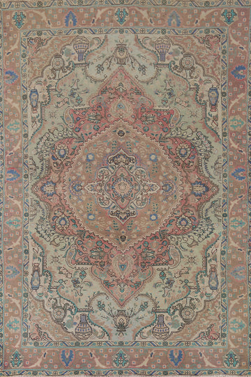 Pink & Green Handmade Tabriz Persian Area Rug 6x9