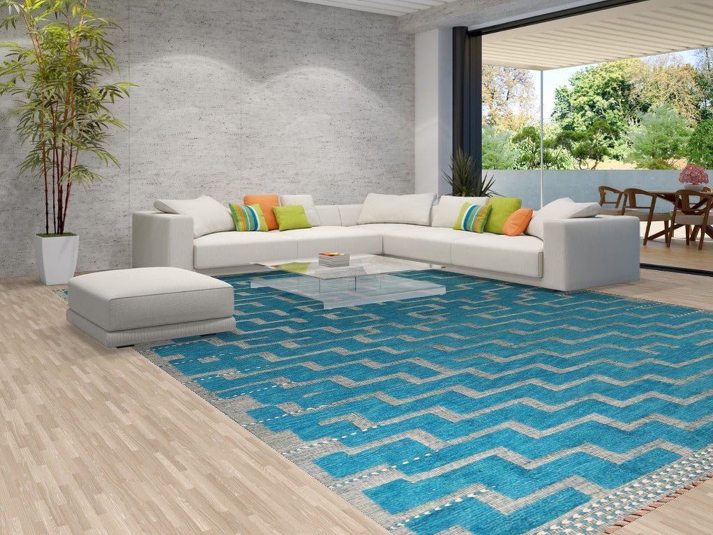 Blue & Gray Abstract Moroccan Large Modern Rug 12x16