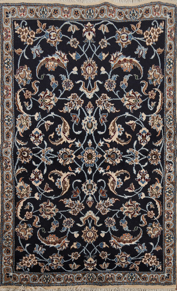 Navy Blue Floral Nain Persian Accent Rug 3x4