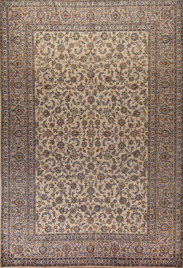 Ivory Floral Wool Kashan Persian Area Rug 10x13