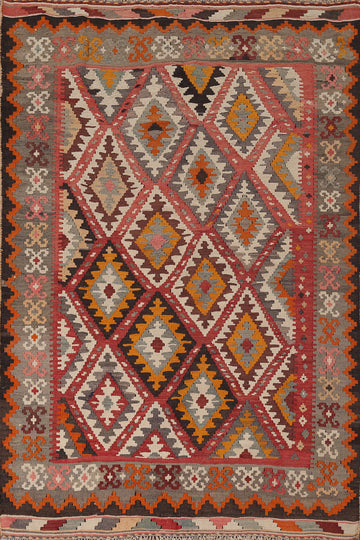 Red & Pink Geometric Kilim Flat Pile Persian Rug 4x7