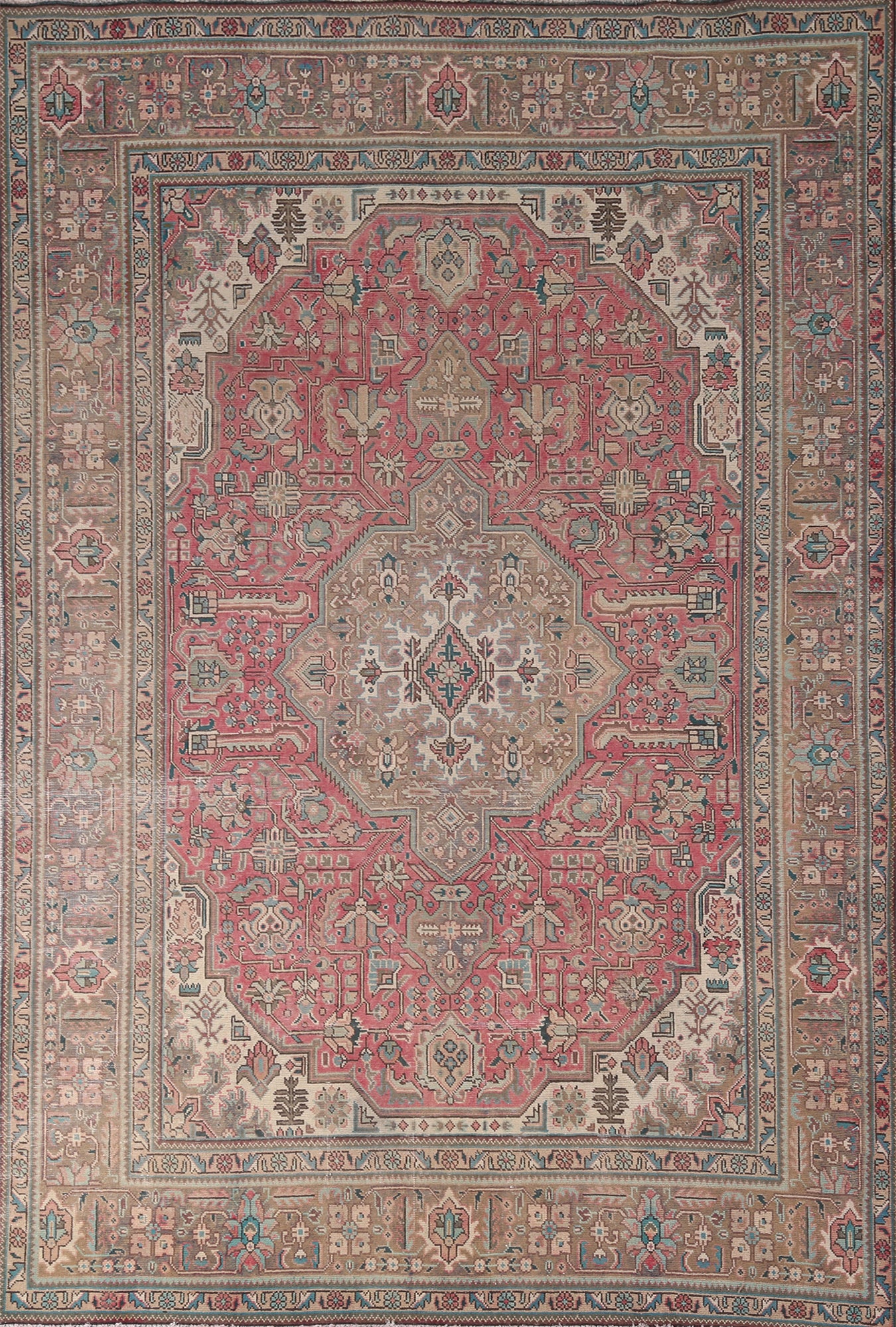 Pink Geometric Wool Tabriz Persian Area Rug 7x10