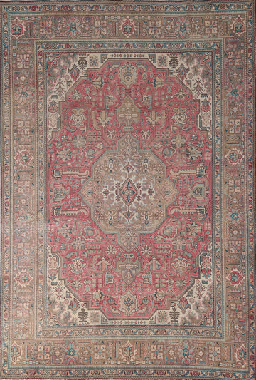 Pink Geometric Wool Tabriz Persian Area Rug 7x10