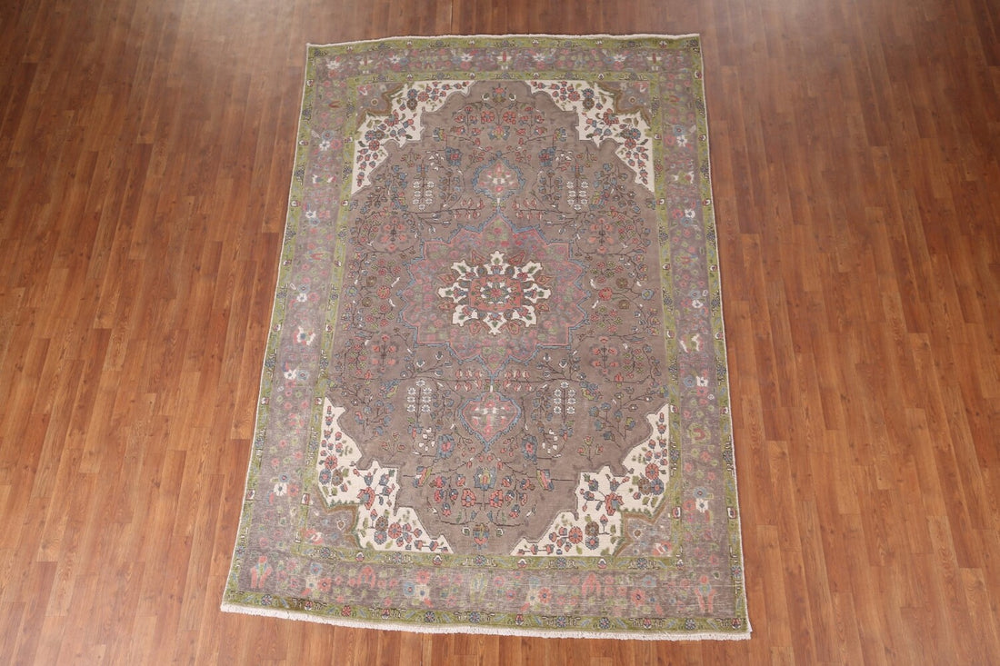Brown Floral Vintage Tabriz Persian Area Rug 7x10