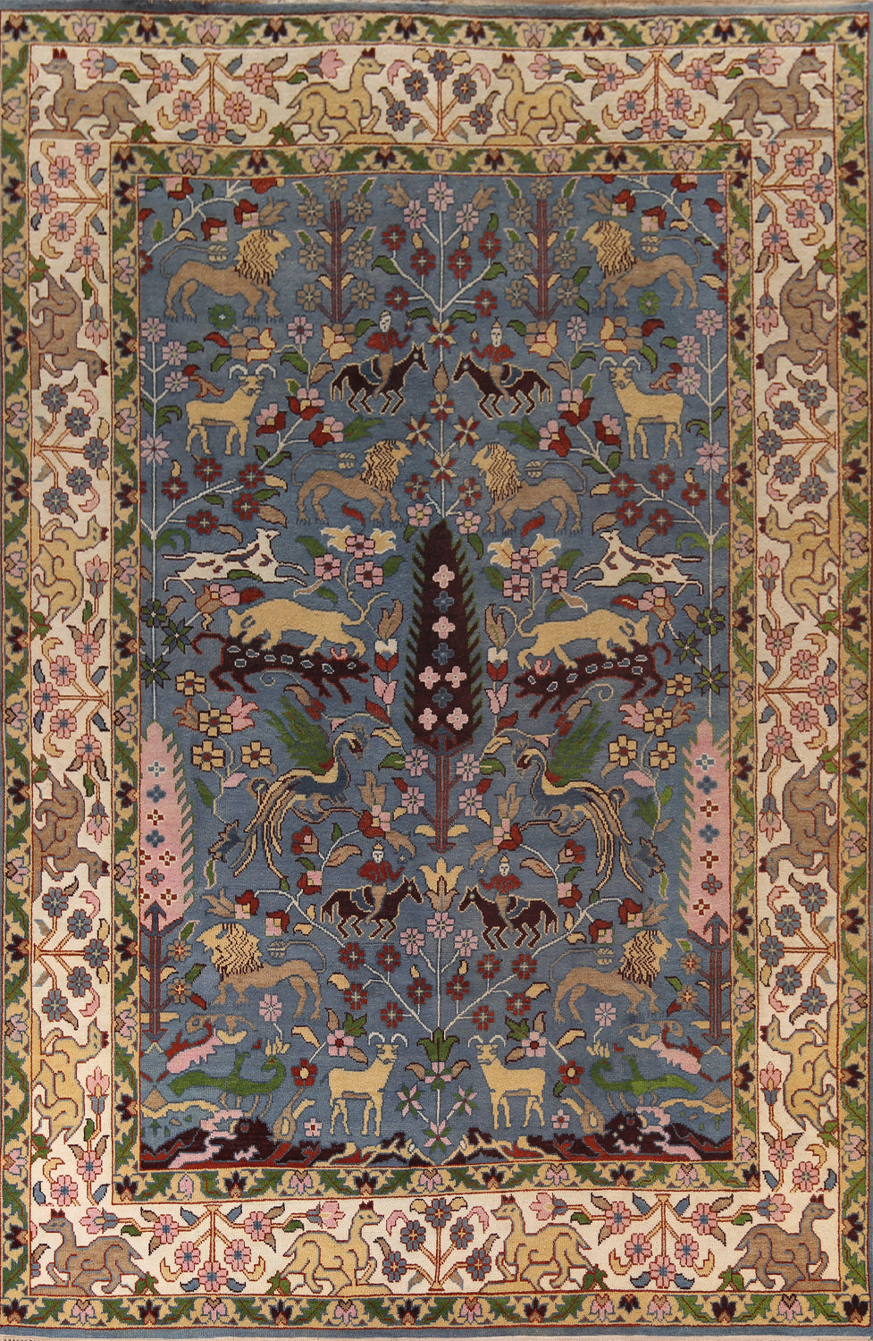 Hunting Animals Blue Ziegler Large Indian Rug 10x14