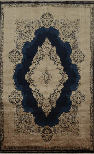 Classic Navy and Beige Rug with Ornate Central Medallion Pattern 7x10