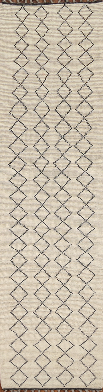 Ivory Trellis Wool Moroccan Modern Runner Rug 2x13