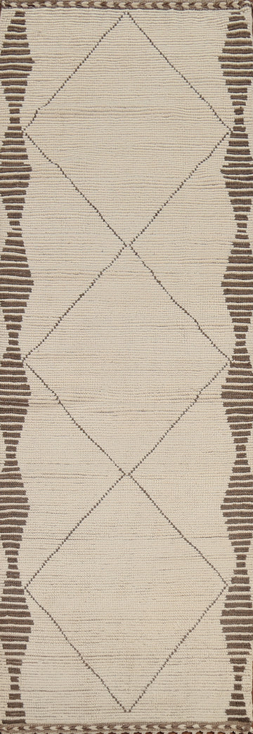 Handmade Wool Ivory Moroccan Runner Rug 3x12