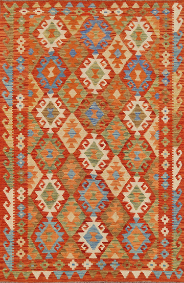 Orange Geometric Kilim Reversible Wool Rug 4x6