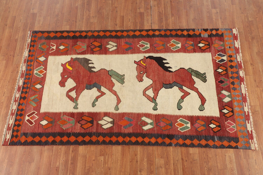 Antique Animals Pictorial Kilim Qashqai Persian Rug 5x8