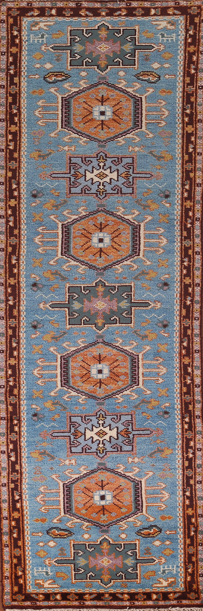 Blue Geometric Khotan Oriental Runner Rug 3x10