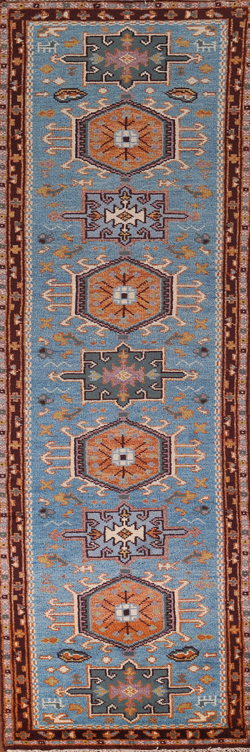 Blue Geometric Khotan Oriental Runner Rug 3x10