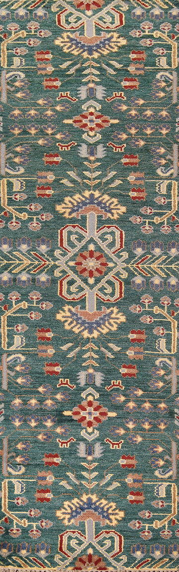 All-Over Green Kazak Oriental Runner Rug 3x10