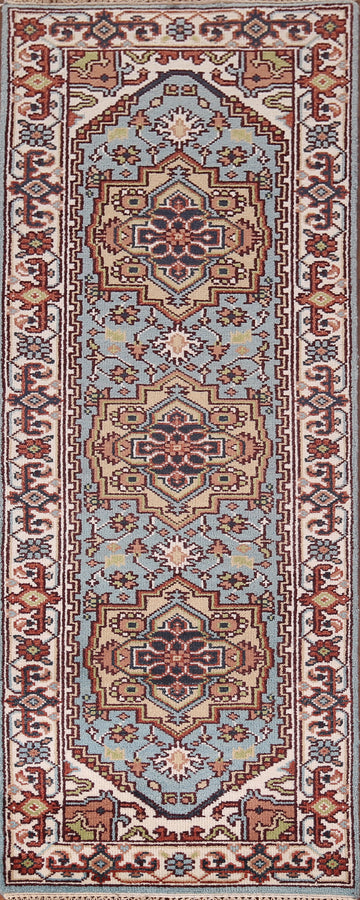 Light Blue Heriz Serapi Oriental Runner Rug 3x8