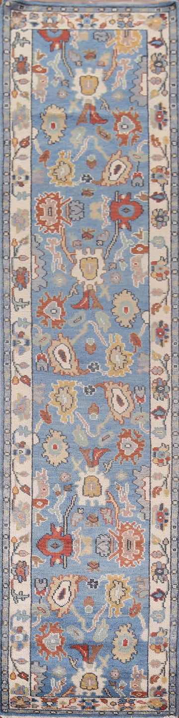 Light Blue Handmade Oushak Oriental Runner Rug 2x14