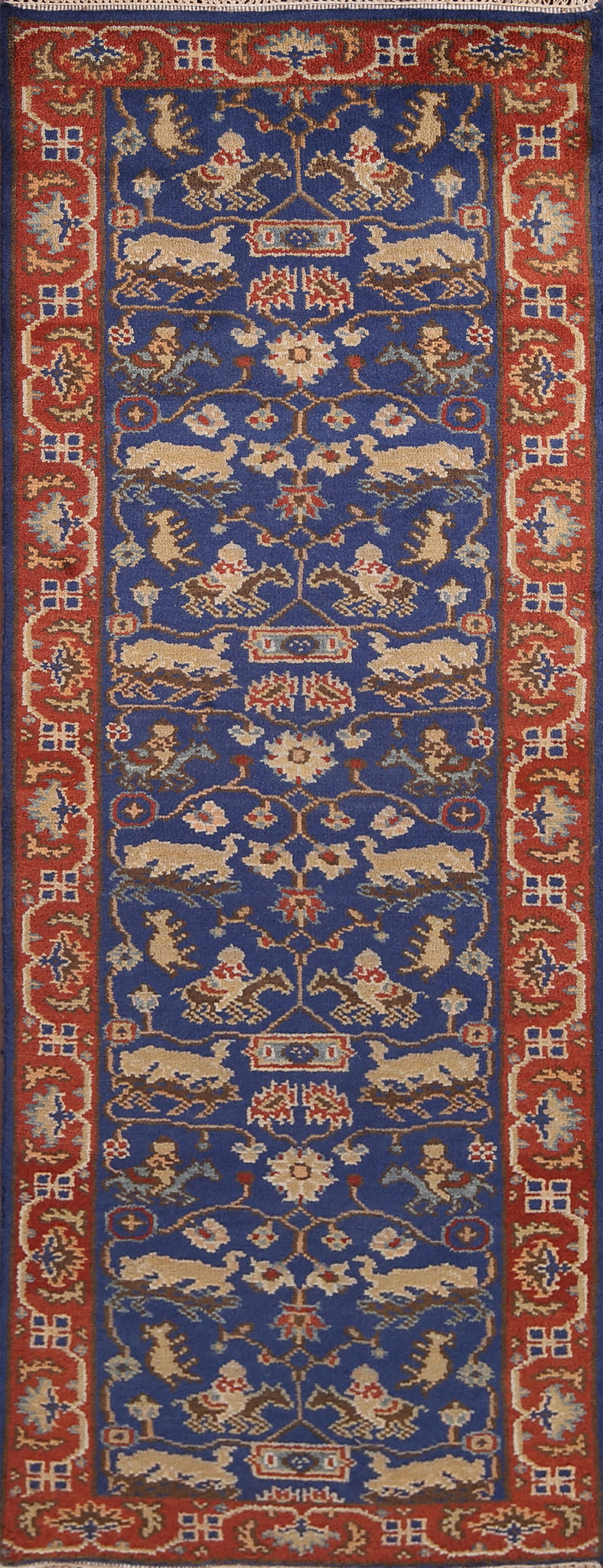 Hunting Design Blue Kazak Oriental Runner Rug 3x8