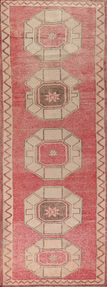 Pink & Red Geometric Anatolian Turkish Runner Rug 4x13