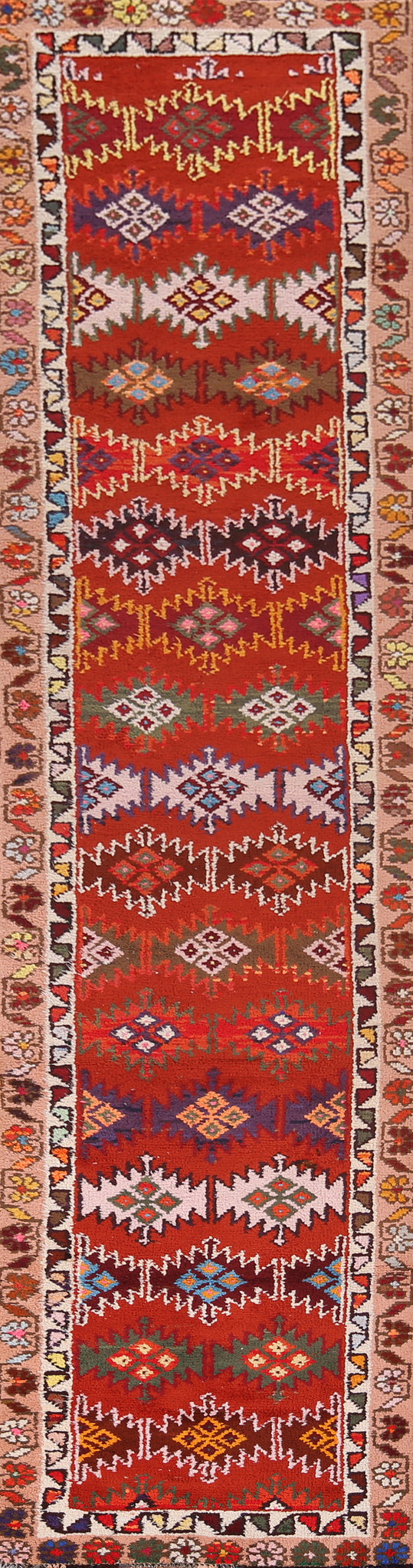 Vintage Geometric Silk Anatolian Turkish Runner Rug 2x13