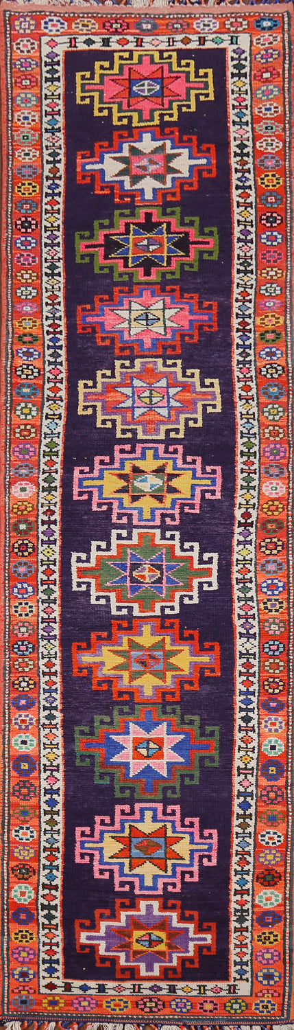 Navy Blue Geometric Anatolian Oriental Runner Rug 3x12
