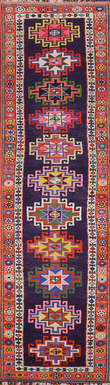 Navy Blue Geometric Anatolian Oriental Runner Rug 3x12