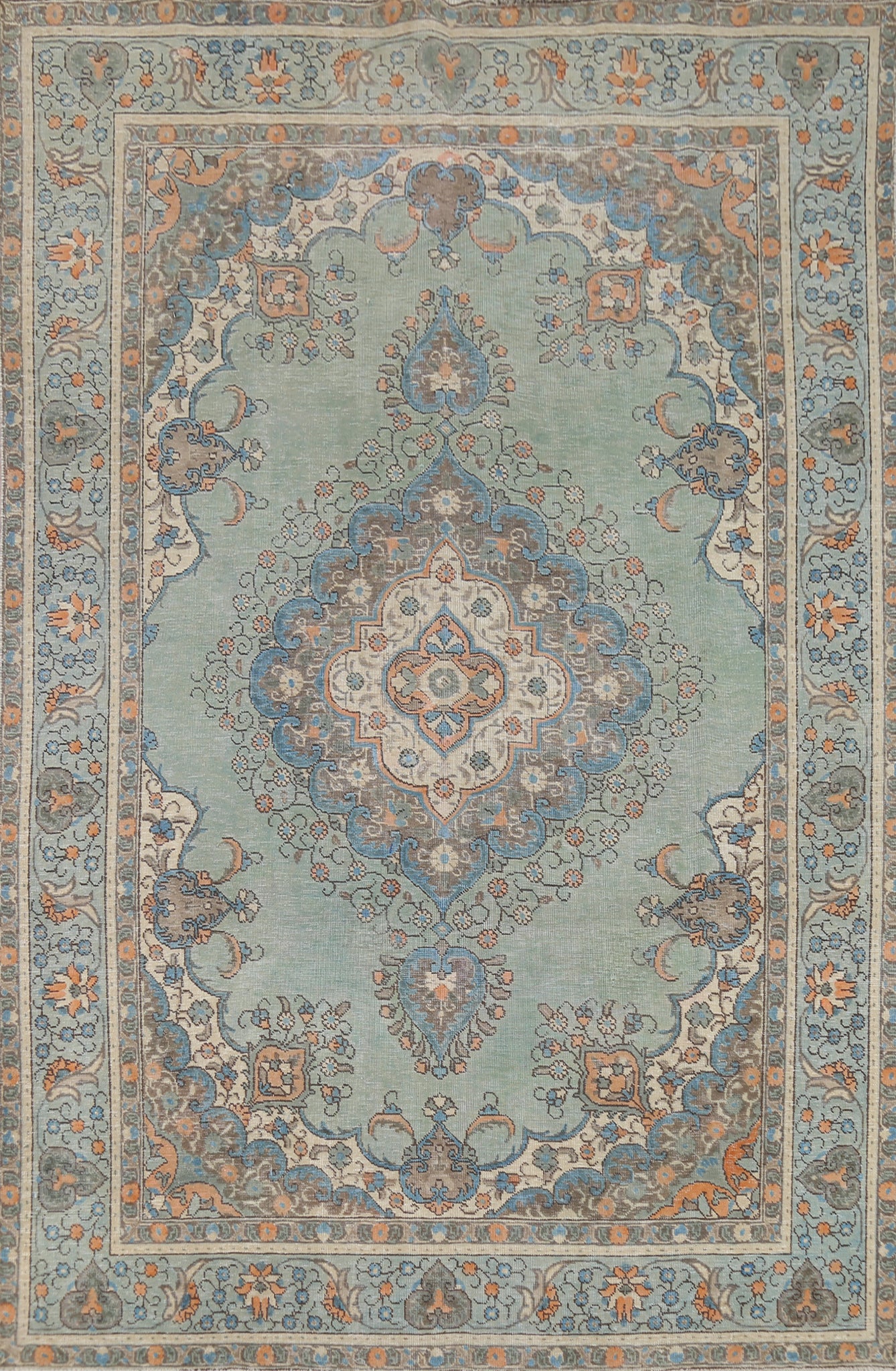 Turquoise Green Wool Tabriz Persian Area Rug 7x10