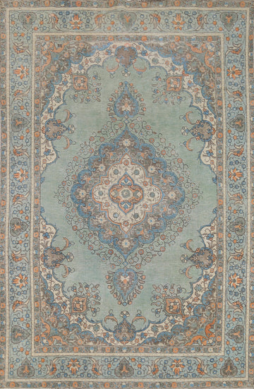 Turquoise Green Wool Tabriz Persian Area Rug 7x10
