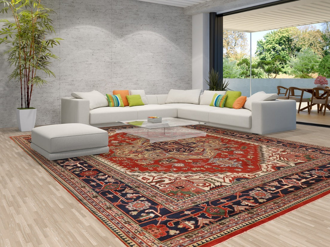 Orange Wool Geometric Heriz Serapi Indian Large Rug 12x15