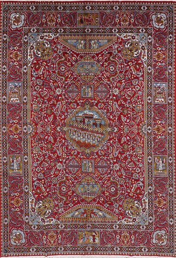 Pictorial Animals Red Kashan Turkish Area Rug 8x11