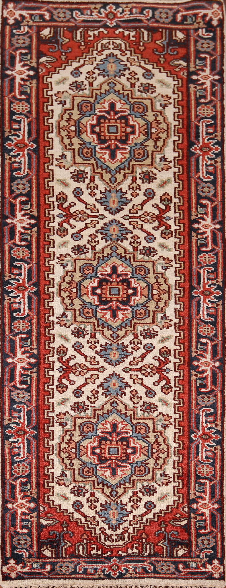 Ivory Wool Geometric Heriz Serapi Oriental Runner Rug 3x8