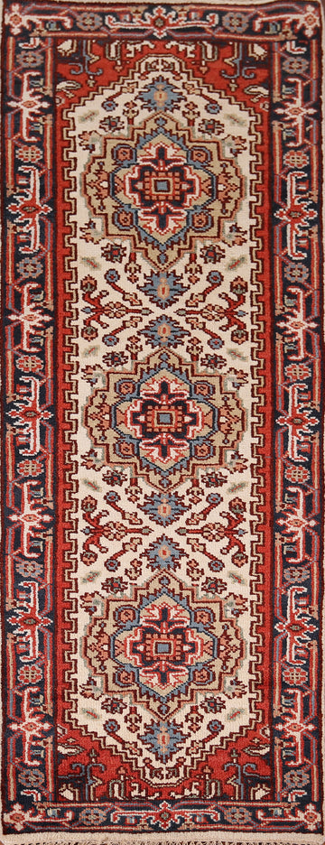 Ivory Wool Geometric Heriz Serapi Oriental Runner Rug 3x8