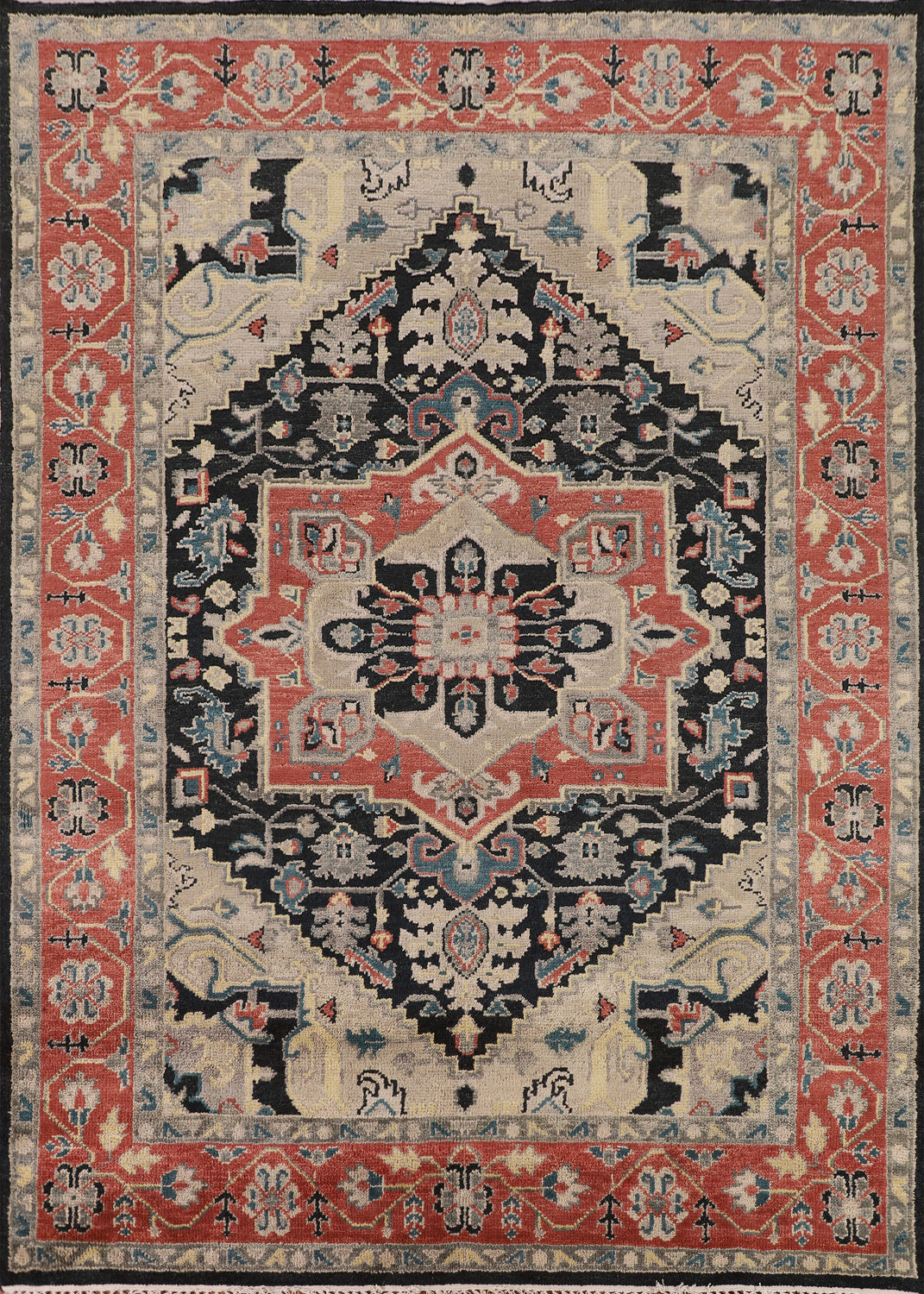 Black Geometric Wool Heriz Serapi Indian Area Rug 8x10