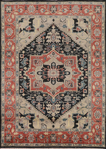 Black Geometric Wool Heriz Serapi Indian Area Rug 8x10