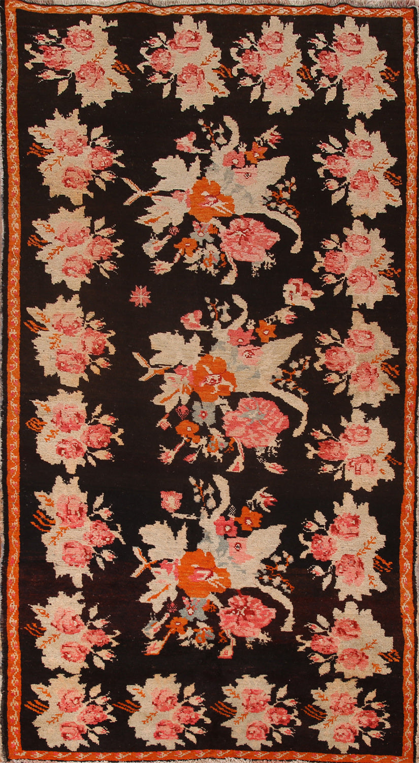 Black & Brown Floral Vintage Karabagh Vegetable Dye Rug 4x8